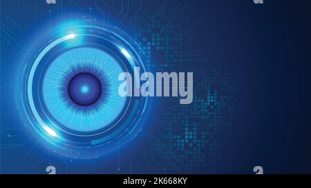 Ein blauer digitaler Technologiehintergrund in den Augen der KI Stock Vektor