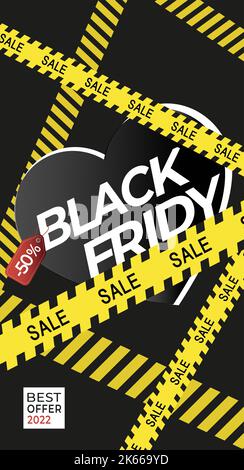 Schwarzes vertikales Freitag-Banner mit Herz und gelben Bändern Stock Vektor