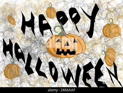 Halloween Kürbisse mit fröhlichen halloween Buchstaben in schwarz auf Spinnennetz Hintergrund Stockfoto