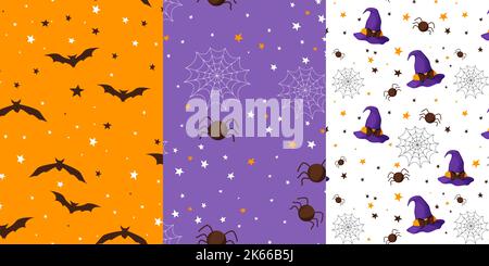 Set Halloween niedlichen nahtlose Muster mit Fledermaus, Spinne und Hexenhut in einfachen Cartoon-Stil, Urlaub Kinder Design. . Vektorgrafik Stock Vektor