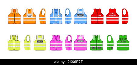 Reflektierende Warnweste mit flachem Label-Design, Vektor-Illustration-Set. Fluoreszierende Sicherheits-Arbeitsjacke in verschiedenen Farben mit reflektierender str Stock Vektor