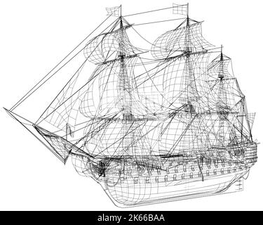 Yachten auf Meereswellen. Möwe am Himmel. Zeichnen Sie eine durchgehende Linie. Vektorgrafik. Isoliert auf weißem Hintergrund Stock Vektor