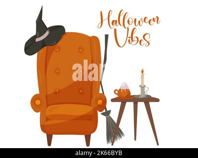 Orangefarbener Hexenstuhl mit Couchtisch, Besen, Latte und Kerze, Halloween-Vibes Stock Vektor