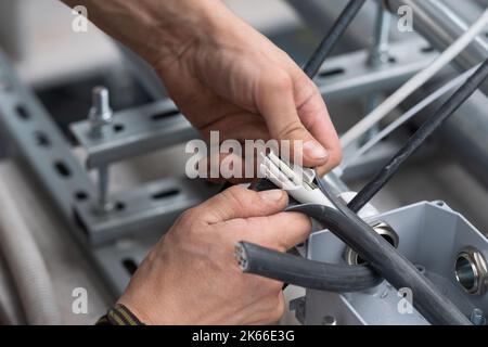 Die Hände des Elektrikers entfernen die elektrische Isolierung des Kabels, um es an die Klemmen anzuschließen. Elektroingenieur führt elektrische Arbeiten in einer Anschlussdose durch Stockfoto