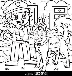 Police Officer und Police Dog Coloring Page Stock Vektor