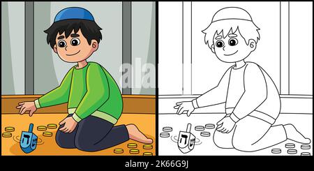 Hanukkah Boy Spielend Dreidel Coloring Illustration Stock Vektor