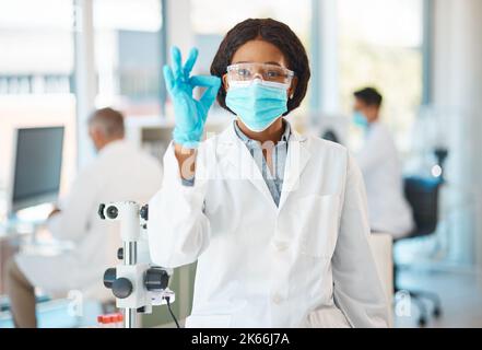 Die Wissenschaft ist da, um die Welt zu verändern und alles dafür zu krank zu machen. Porträt eines jungen Wissenschaftlers, der ein Zeichen in Ordnung in einem Labor gestikuliert. Stockfoto