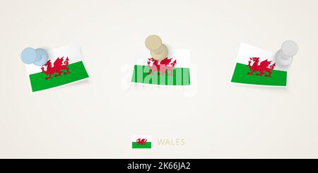 Flagge von Wales in verschiedenen Formen mit verdrehten Ecken. Vector-Pushpins Draufsicht. Flag gesetzt. Stock Vektor