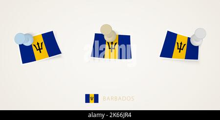 Flagge von Barbados in verschiedenen Formen mit verdrehten Ecken. Vector-Pushpins Draufsicht. Flag gesetzt. Stock Vektor