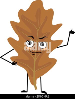 Eichenblatt Charakter mit Emotionen eines Helden, ein tapferes Gesicht, Arme und Beine. Waldpflanze im Herbst braune Farbe. Vektorgrafik flach Stock Vektor