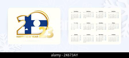 Horizontaler Taschenkalender 2023 in finnischer Sprache. Neujahrs-Symbol 2023 mit der Flagge Finnlands. Vektorkalender. Stock Vektor
