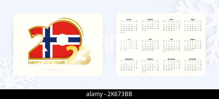 Horizontaler Taschenkalender 2023 in norwegischer Sprache. Neujahrs-Ikone 2023 mit der Flagge Norwegens. Vektorkalender. Stock Vektor