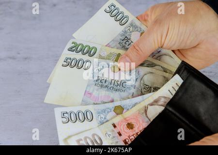 Der Mann zählt tschechische Kronen in seiner Brieftasche, während er tschechische Banknoten aus der Tschechischen Republik hält Stockfoto