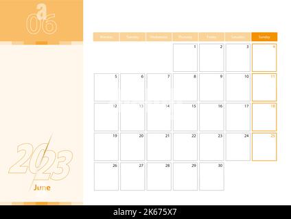 Horizontaler Planer für Juni 2023 in orange. Die Woche beginnt am Montag. Ein Wandkalender im minimalistischen Stil. Vektorkalender 2023. Stock Vektor