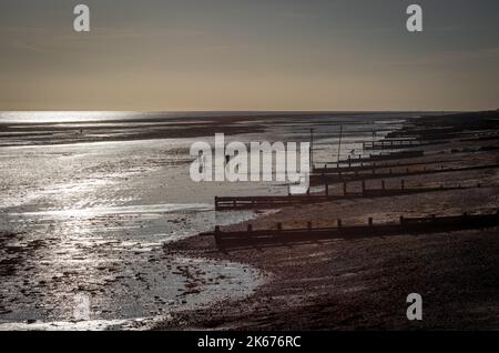 Bei Ebbe am Pier, West Sussex, Großbritannien, laufen die Menschen in der Nachmittagssonne am Worthing Beach. Stockfoto