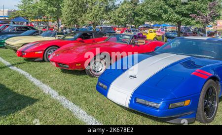 ROYAL OAK, MI/USA - 15. AUGUST 2014: Fünf Chevrolet Corvette Autos, Woodward Dream Cruise. Stockfoto