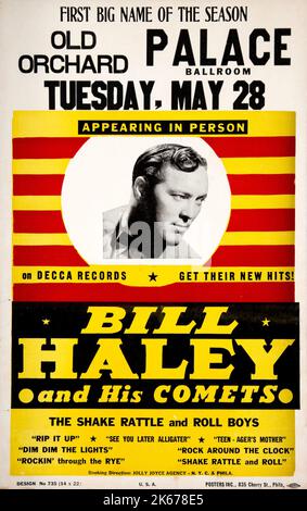 Bill Haley & His Comets 1957 Konzertposter mit 'Rock Around the Clock' aufgeführt. Eine Vintage Rock 'n' Roll Fensterkarte, die am Dienstag, den 28. Mai 1957, eine Show in Old Orchard Beach, Maine, anwirbt Stockfoto
