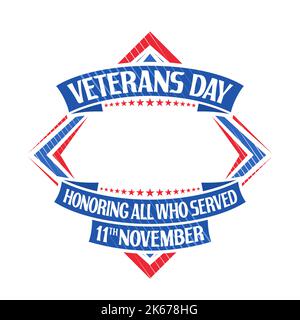 Vektorrahmen für Veterans Day mit leerem Kopierplatz für Glückwünsche, Rhombus-Etikett mit Illustration von blauen festlichen Bändern, roten Ziersternen Stock Vektor