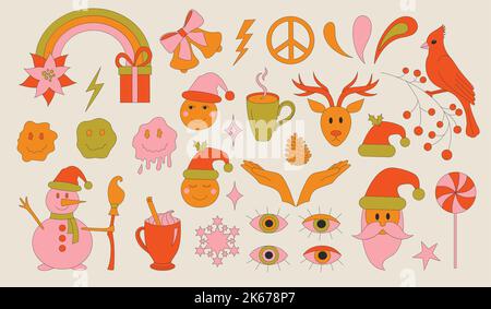 Weihnachtstext im Retro 70s-Stil mit Weihnachtselementen. Stock Vektor