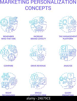 Personalisierte Marketing-Symbole mit blauem Gradientenkonzept Stock Vektor