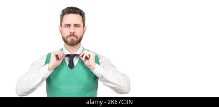 Mann Gesicht Porträt, Banner mit Kopierraum. Formeller Geschäftsmann isoliert auf weiß. Stockfoto