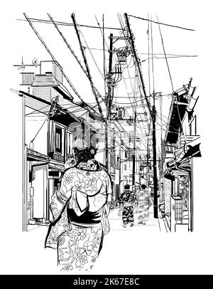 Japan, Straße in Kyoto mit Fußgängern - Vektor-Illustration (japanische Karikatoren sind gefälscht - keine Bedeutung) (ideal für den Druck, Poster oder Tapete, ho Stock Vektor