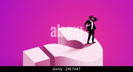Geschäftsentscheidungskonzept mit einem Geschäftsmann, der auf einem riesigen Fragezeichen steht. Symbol der Zukunft, Chancen, Planung, Vision. Vektorgrafik Stock Vektor