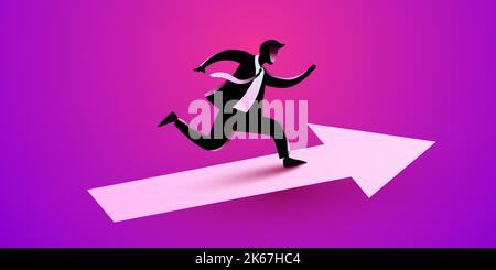 Der Geschäftsmann läuft dem wachsenden Pfeil entlang. Das Konzept von Erfolg und Zielerreichung. Vektorgrafik Stock Vektor