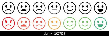 Set von Emoticons mit unterschiedlichen Stimmungen. Schlecht, schrecklich, normal, gut, ausgezeichnet. Emoji Faces Kollektion. Stock Vektor