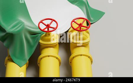 Nigeria-Flagge, die eine Öl- und Gasbrennstoffleitung bedeckt. Konzept der Ölindustrie. 3D Rendering Stockfoto