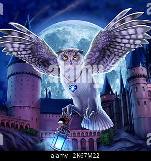 Abbildung einer fliegenden Eule, die nachts eine blaue Laterne vor dem Schloss trägt Stockfoto