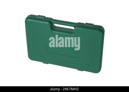 Ein Set zur Reinigung von Waffen in einem grünen Gehäuse isolieren auf weißem Hintergrund. Waffenpflegewerkzeuge. Stockfoto