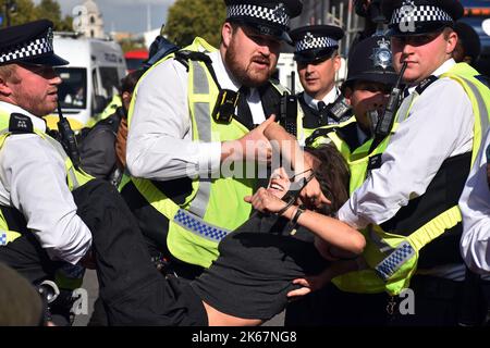 London, Großbritannien. 12. Oktober 2022. Beleidigung Großbritanniens Blockieren Sie den Verkehr vor den Houses of Parliament und werden von der Polizei entfernt. Kredit: JOHNNY ARMSTEAD/Alamy Live Nachrichten Stockfoto