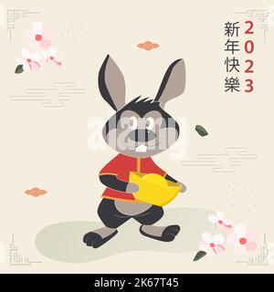 Frohes Neues Chinesisches Jahr. Fröhliches Cartoon-Kaninchen mit traditionellen Mustern und Elementen. Übersetzung aus dem Chinesischen - Frohes Neues Jahr, Kaninchen-Symbol Stock Vektor
