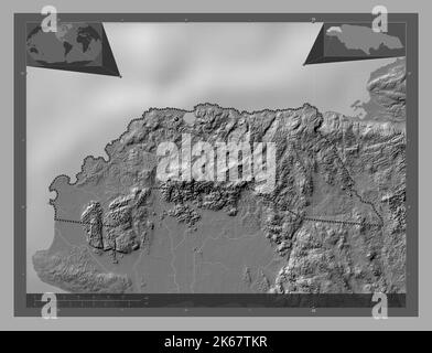 Hannover, Gemeinde von Jamaika. Bilevel-Höhenkarte mit Seen und Flüssen. Karten für zusätzliche Eckposition Stockfoto