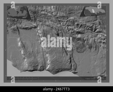 Manchester, Gemeinde von Jamaika. Bilevel-Höhenkarte mit Seen und Flüssen. Orte und Namen der wichtigsten Städte der Region. Ecke Zusatzlokation Stockfoto