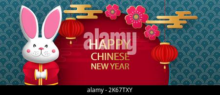 Frohes chinesisches Neujahr 2023, Jahr des Hasen. Das Symbol des Jahres ist das Kaninchen und traditionelle Laternen und Muster. Übersetzung aus dem Chinesischen Stock Vektor