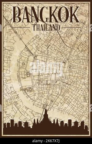 Braun vintage handgezeichneter Ausdruck Straßen Netzwerk Karte der Innenstadt VON BANGKOK, THAILAND mit braunen 3D City Skyline und Schriftzug Stock Vektor