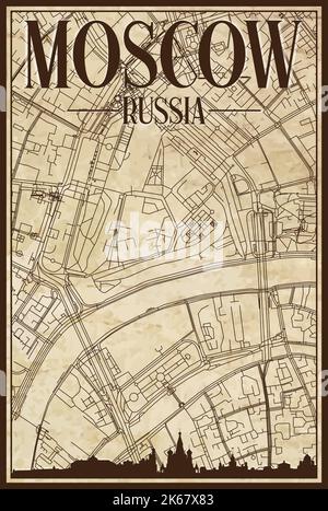 Braun vintage handgezeichneten Ausdruck Straßen Netzwerk Karte der Innenstadt VON MOSKAU, RUSSISCHE FÖDERATION mit braunen 3D Skyline und Schriftzug Stock Vektor