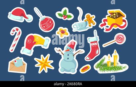 Niedliche Weihnachtsfeiertage, Weihnachten, Neujahrssticker, Magnete-Paket. Trendige Kollektion von Objekten mit weißem Umriss. Weihnachtsmütze, Schneemann, Kugel, Kerzen, h Stock Vektor