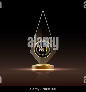 Erster Platz Award Trophäe. Sternform-Glaspreis mit Gold Nummer eins in der Welt auf dem Podium. Stock Vektor