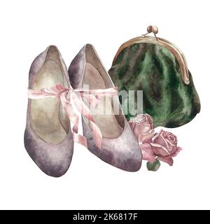 Handtasche, Blumen, Schuhe. Aquarell. Isoliert. Für Werbung, Banner, Poster, Vorlagen, Aufkleber, Vorlagen, Etiketten. Frauen-Thema, Hochzeit, beau Stockfoto