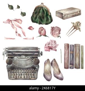 Artikel im Retro-Stil. In Aquarell von Hand hergestellt. Isoliert. Für den Druck, Banner, Drucke, Poster, Muster, Aufkleber. Frauen Thema, Hochzeit, Schönheit Stockfoto