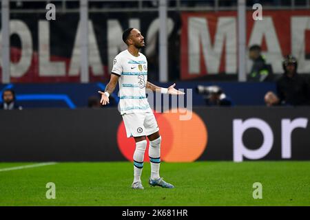 Mailand, Italien. 11. Oktober 2022. Pierre-Emerick Aubameyang vom FC Chelsea feiert, nachdem er während des UEFA Champions League-Fußballspiels AC Mailand und Chelsea FC ein Tor erzielt hat. Kredit: Nicolò Campo/Alamy Live Nachrichten Stockfoto