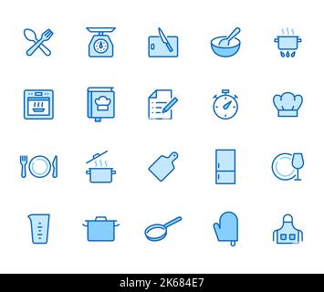 Symbol für die Kochzeile eingestellt. Küchengeräte - Pfanne, Topf, Abendessen Utensil, Kochbuch, Chefkoch hat minimale Vektor-Illustration. Einfache Umrisszeichen für Lebensmittel Rezept Stock Vektor