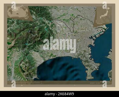 Kanagawa, Präfektur Japans. Hochauflösende Satellitenkarte. Orte und Namen der wichtigsten Städte der Region. Karten für zusätzliche Eckposition Stockfoto