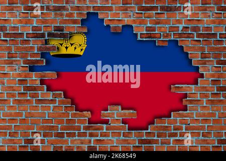 3D Flagge von Liechtenstein hinter dem zerbrochenen alten Steinmauer Hintergrund. Stockfoto