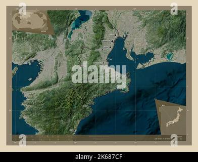 Mie, Präfektur von Japan. Hochauflösende Satellitenkarte. Orte und Namen der wichtigsten Städte der Region. Karten für zusätzliche Eckposition Stockfoto