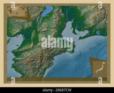 Mie, Präfektur von Japan. Farbige Höhenkarte mit Seen und Flüssen. Standorte der wichtigsten Städte der Region. Karten für zusätzliche Eckposition Stockfoto