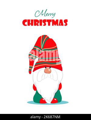 Weihnachtskarte mit einem niedlichen bärtigen Gnome. Winterurlaub Charakter. Vektorgrafik im flachen Stil. Frohe Weihnachten Stock Vektor